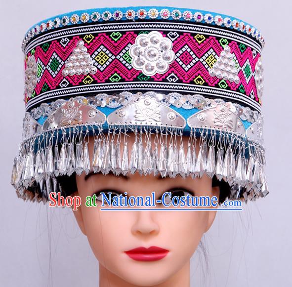 Handmade Chinese Ethnic Woman Festival Headdress Yi Nationality Wedding Blue Hat Tujia Minority Folk Dance Headwear