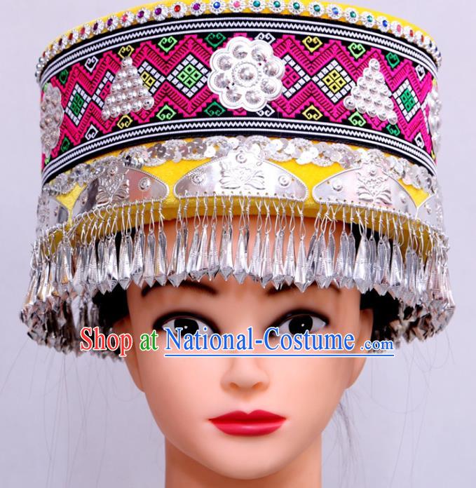 Handmade Chinese Tujia Minority Folk Dance Headwear Ethnic Woman Festival Headdress Yi Nationality Wedding Yellow Hat