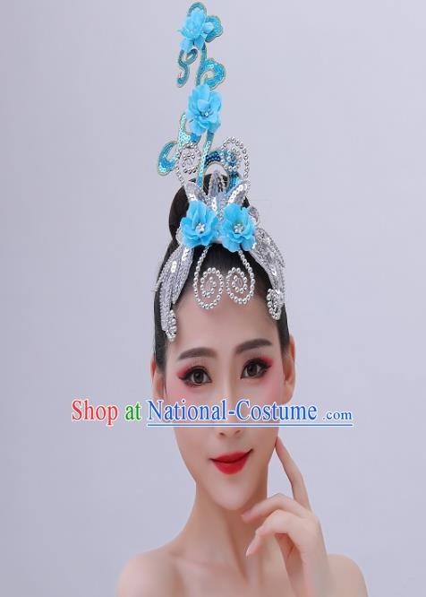 Chinese Handmade Fan Dance Performance Hair Crown Folk Dance Blue Plum Headpiece Yangko Dance Hair Accessories