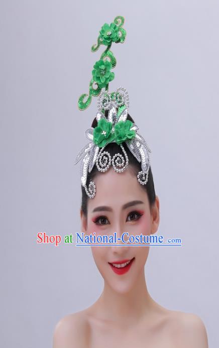 Chinese Handmade Fan Dance Green Plum Hair Crown Folk Dance Hair Accessories Yangko Dance Headdress