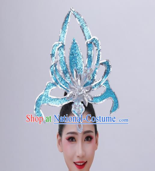 Chinese Spring Festival Gala Performance Headpiece Modern Dance Blue Sequins Hair Crown Opening Dance Hair Accessories