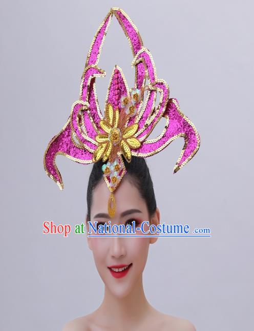 Chinese Opening Dance Hair Accessories Spring Festival Gala Performance Headpiece Modern Dance Rosy Sequins Hair Crown