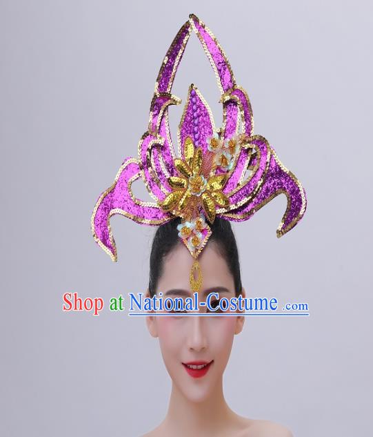 Chinese Modern Dance Purple Sequins Hair Crown Opening Dance Hair Accessories Spring Festival Gala Performance Headpiece