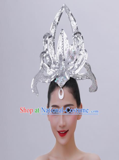 Chinese Modern Dance Argent Sequins Hair Accessories Opening Dance Headpiece Spring Festival Gala Performance Hair Crown