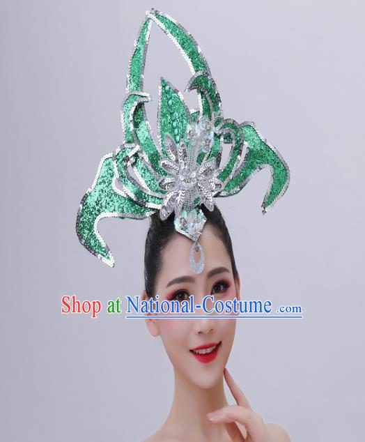 Chinese Opening Dance Headpiece Spring Festival Gala Performance Hair Crown Modern Dance Green Sequins Hair Accessories