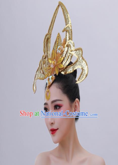 Chinese Spring Festival Gala Performance Hair Crown Modern Dance Golden Sequins Hair Accessories Opening Dance Headpiece