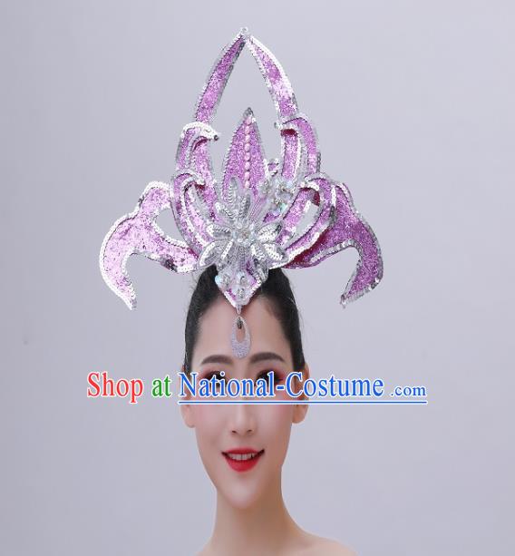 Chinese Peony Dance Hair Crown Opening Dance Lilac Sequins Hair Accessories Modern Dance Headdress