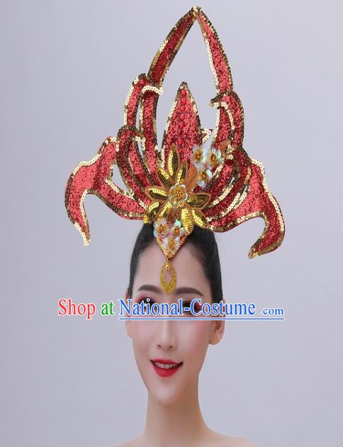 Chinese Modern Dance Headdress Peony Dance Hair Crown Opening Dance Red Sequins Hair Accessories