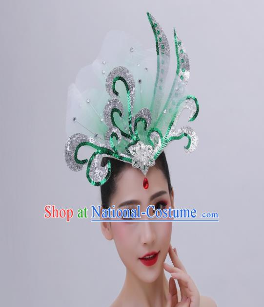 Chinese Classical Dance Hair Accessories Opening Dance Hair Crown Woman Group Dance Green Sequins Headpiece