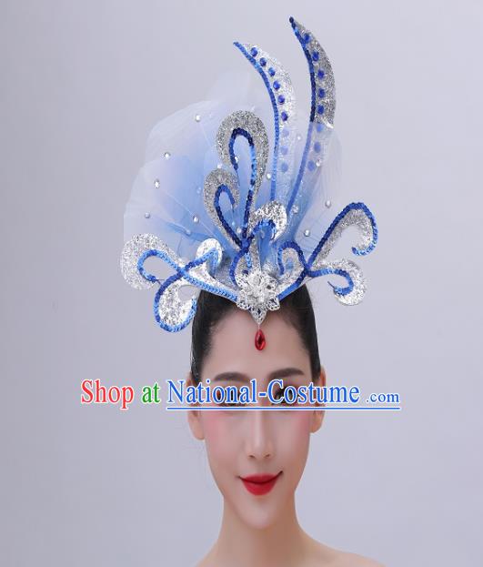 Chinese Woman Group Dance Blue Sequins Headpiece Classical Dance Hair Accessories Opening Dance Hair Crown