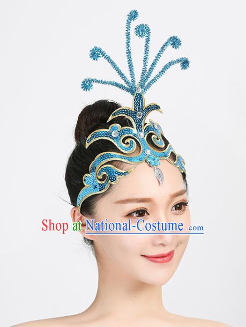 Chinese Yangko Dance Headpiece Folk Dance Blue Sequins Hair Crown Woman Group Dance Hair Accessories