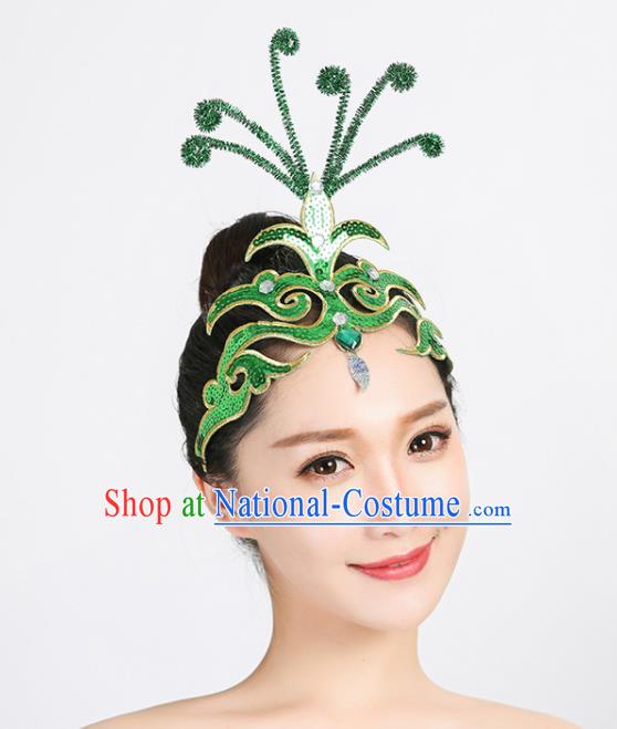 Chinese Yangko Dance Green Sequins Hair Stick Folk Dance Hair Accessories Woman Group Performance Headdress