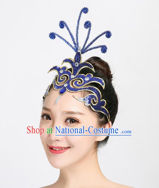 Chinese Woman Group Performance Headdress Yangko Dance Royalblue Sequins Hair Stick Folk Dance Hair Accessories