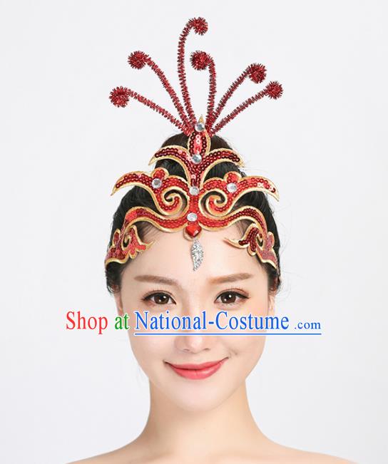 Chinese Folk Dance Red Sequins Hair Accessories Woman Group Performance Headdress Yangko Dance Hair Stick