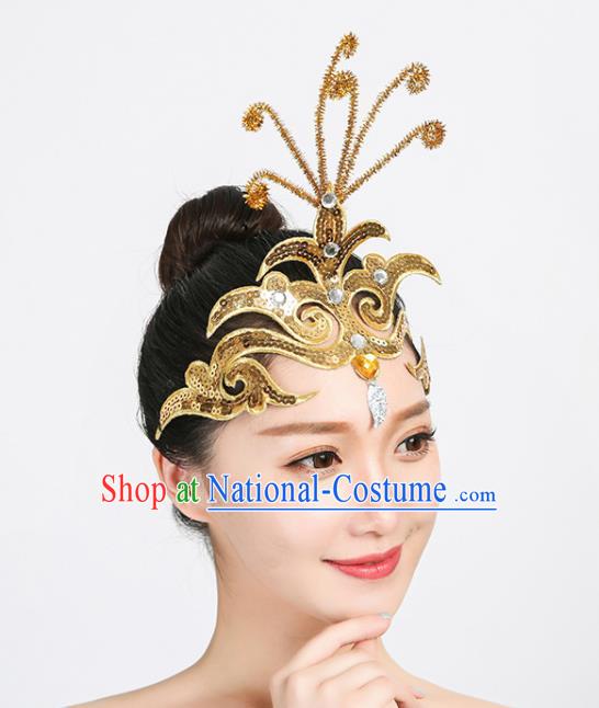 Chinese Yangko Dance Hair Stick Folk Dance Golden Sequins Hair Accessories Woman Group Performance Headdress