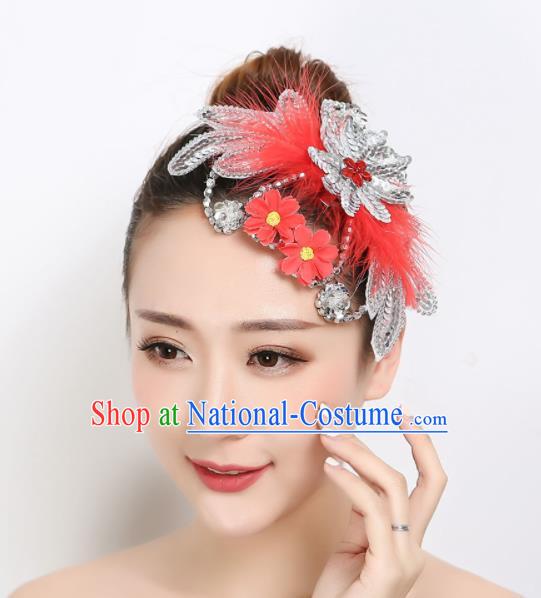 Chinese Woman Stage Performance Headpiece Dai Nationality Peacock Dance Red Feather Hair Stick Folk Dance Hair Accessories