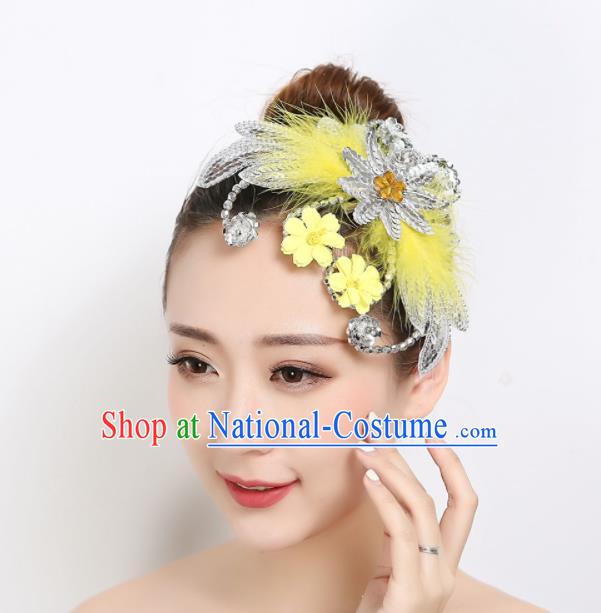 Chinese Woman Peacock Dance Yellow Feather Headpiece Dai Nationality Folk Dance Hair Stick Stage Performance Hair Accessories