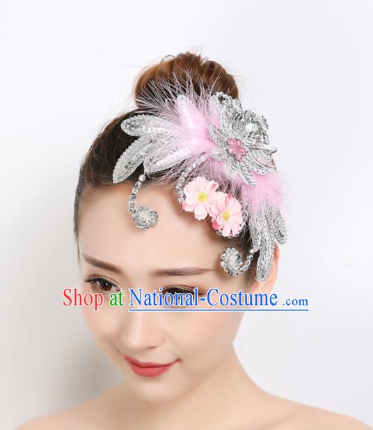 Chinese Stage Performance Hair Accessories Woman Peacock Dance Pink Feather Headpiece Dai Nationality Folk Dance Hair Stick