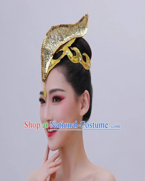 Chinese Folk Dance Golden Sequins Headpiece Spring Festival Gala Opening Dance Headwear Handmade Dai Nationality Peacock Dance Hair Crown