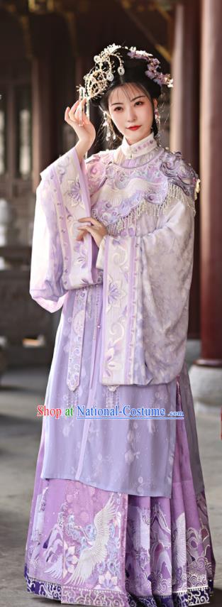 China Ancient Patrician Lady Garment Costumes Ming Dynasty Young Beauty Historical Clothing Traditional Purple Hanfu Dress Complete Set