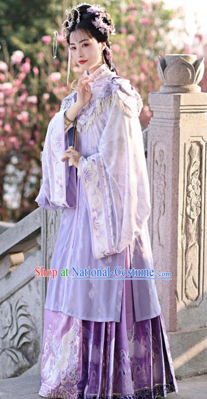 China Ancient Patrician Lady Garment Costumes Ming Dynasty Young Beauty Historical Clothing Traditional Purple Hanfu Dress Complete Set