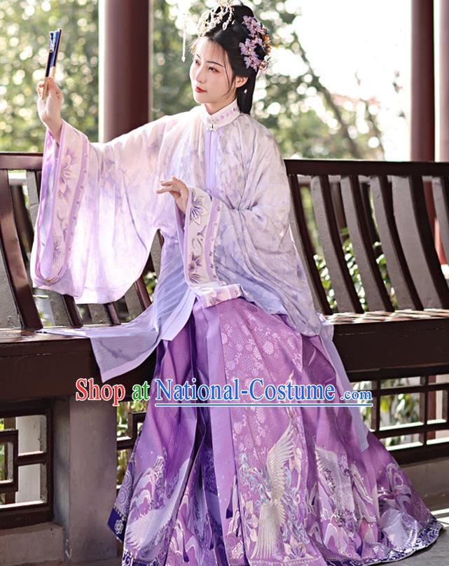 China Ancient Patrician Lady Garment Costumes Ming Dynasty Young Beauty Historical Clothing Traditional Purple Hanfu Dress Complete Set