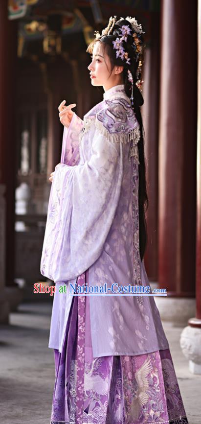 China Ancient Patrician Lady Garment Costumes Ming Dynasty Young Beauty Historical Clothing Traditional Purple Hanfu Dress Complete Set