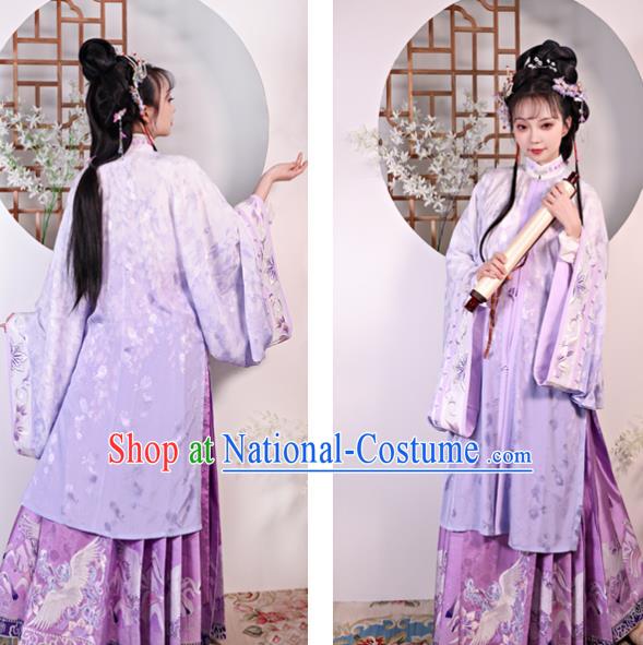 China Ancient Patrician Lady Garment Costumes Ming Dynasty Young Beauty Historical Clothing Traditional Purple Hanfu Dress Complete Set