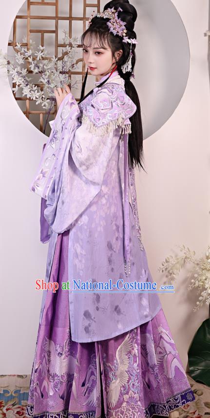 China Ancient Patrician Lady Garment Costumes Ming Dynasty Young Beauty Historical Clothing Traditional Purple Hanfu Dress Complete Set