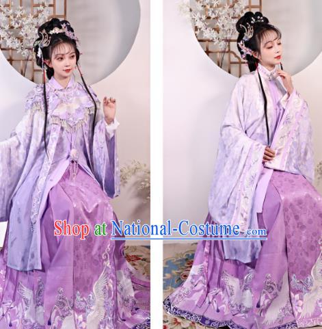 China Ancient Patrician Lady Garment Costumes Ming Dynasty Young Beauty Historical Clothing Traditional Purple Hanfu Dress Complete Set