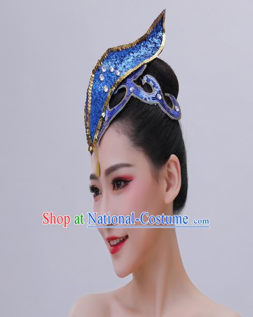 Chinese Spring Festival Gala Opening Dance Headwear Handmade Dai Nationality Peacock Dance Hair Crown Folk Dance Royalblue Sequins Headpiece