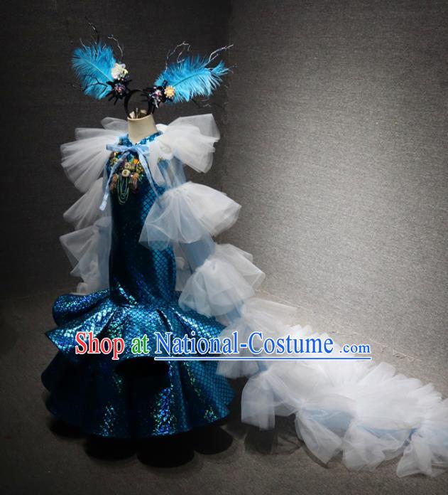 Top Catwalks Mermaid Princess Blue Fishtail Dress Christmas Formal Evening Wear Children Day Stage Show Clothing Girl Performance Garment