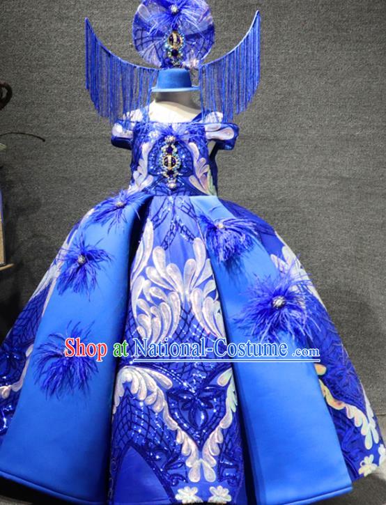 Top Children Performance Clothing Girl Stage Show Formal Garment Catwalks Royalblue Long Dress Christmas Evening Wear