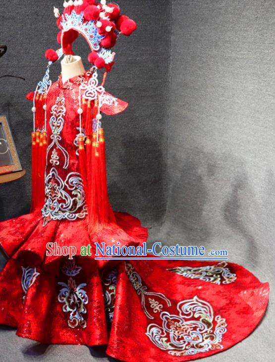 Chinese Style Catwalks Trailing Dress Girls Stage Show Embroidered Qipao Dress Child Compere Formal Costume