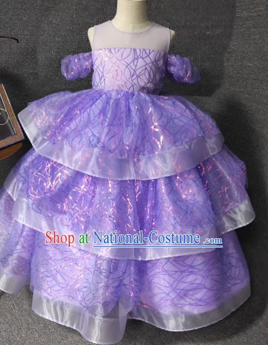 Top Christmas Princess Evening Wear Children Performance Clothing Girl Stage Show Formal Garment Catwalks Purple Long Dress