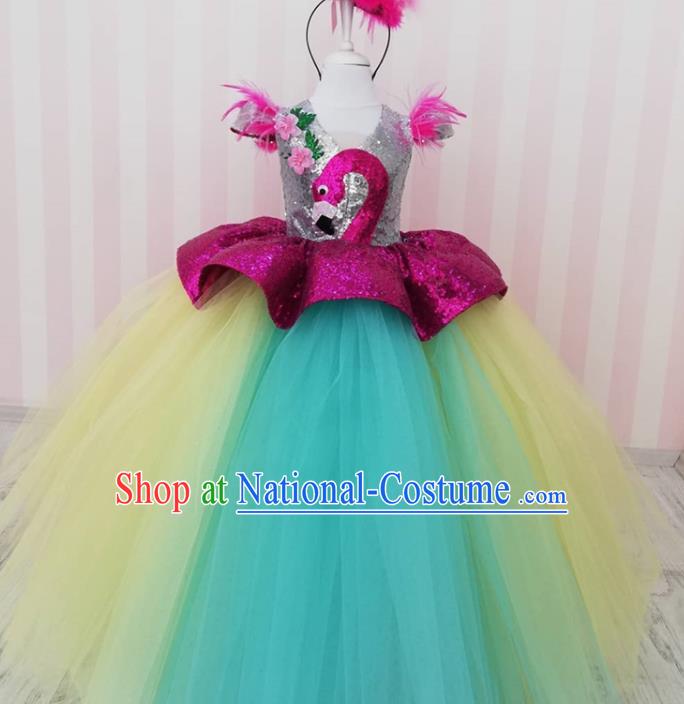 Top Catwalks Flamingo Veil Dress Christmas Princess Evening Wear Children Performance Clothing Girl Stage Show Formal Garment