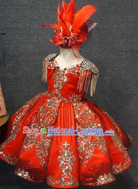 Top Christmas Baroque Princess Evening Wear Children Compere Clothing Girl Stage Show Formal Garment Catwalks Red Long Dress