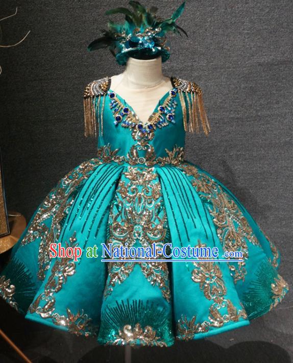 Top Catwalks Green Short Dress Christmas Baroque Princess Evening Wear Children Compere Clothing Girl Stage Show Formal Garment