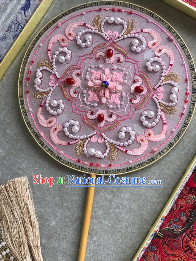 China Wedding Circular Fan Traditional Bride Pink Palace Fan Handmade Hanfu Fans