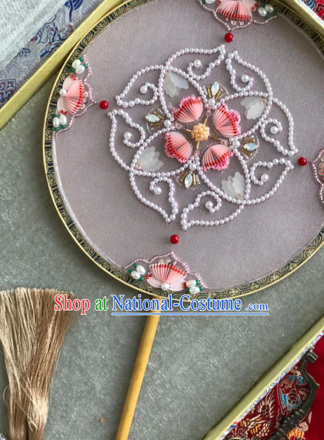 China Handmade Pearls Hanfu Fans Wedding Circular Fan Traditional Bride Pink Palace Fan