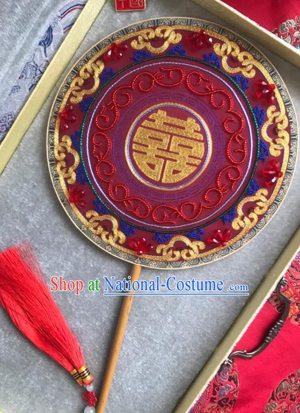 China Handmade Hanfu Dance Circular Fans Wedding Embroidered Fan Traditional Bride Red Silk Palace Fan