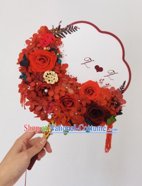 China Wedding Red Silk Rose Fan Handmade Bride Flowers Palace Fan Traditional Hanfu Dance Fans