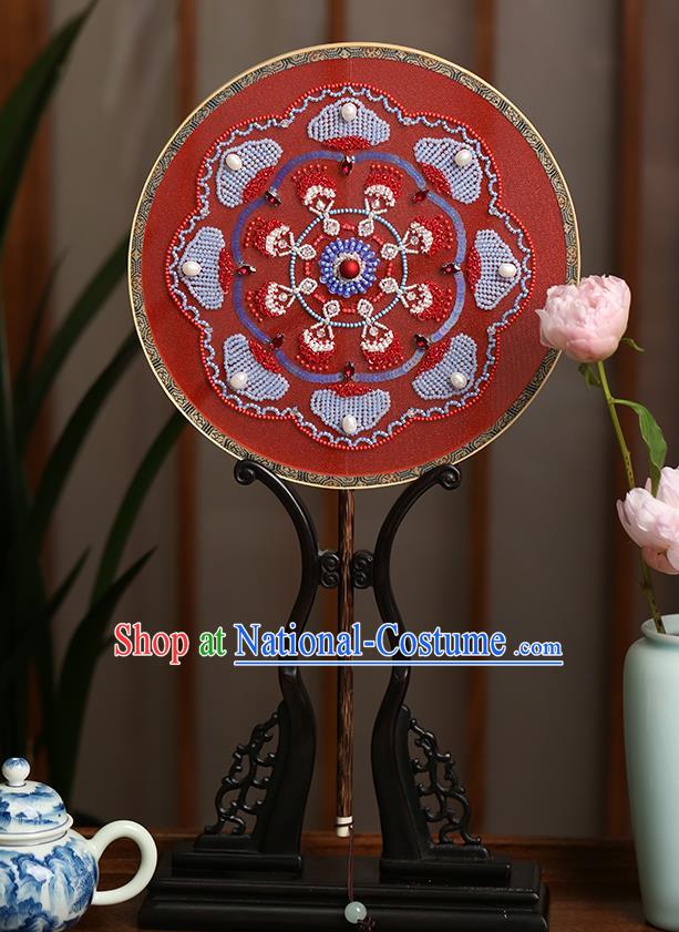 China Handmade Red Silk Palace Fan Traditional Hanfu Dance Circular Fans Wedding Bride Embroidered Beads Fan