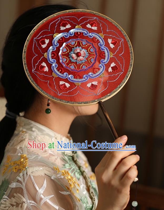 China Wedding Bride Embroidered Sequins Fan Handmade Red Silk Palace Fan Traditional Hanfu Dance Circular Fans