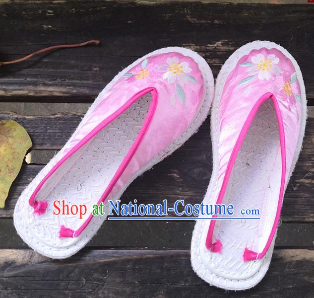 Chinese Woman Strong Cloth Slippers National Pink Satin Shoes Handmade Embroidery Shoes