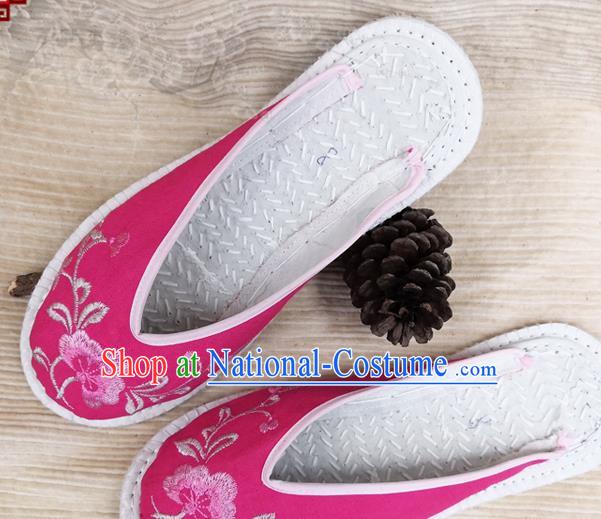 Chinese Woman Strong Cloth Slippers National Rosy Flax Shoes Handmade Embroidery Flowers Shoes