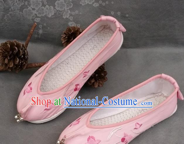 Handmade China National Woman Pink Satin Shoes Yunnan Ethnic Embroidered Shoes Folk Dance Shoes