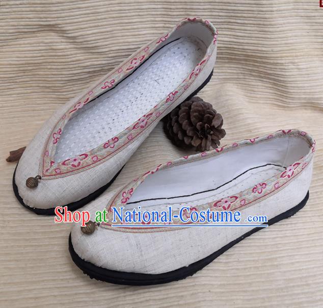 Handmade China National Woman Shoes Yunnan Beige Flax Shoes Ethnic Folk Dance Shoes