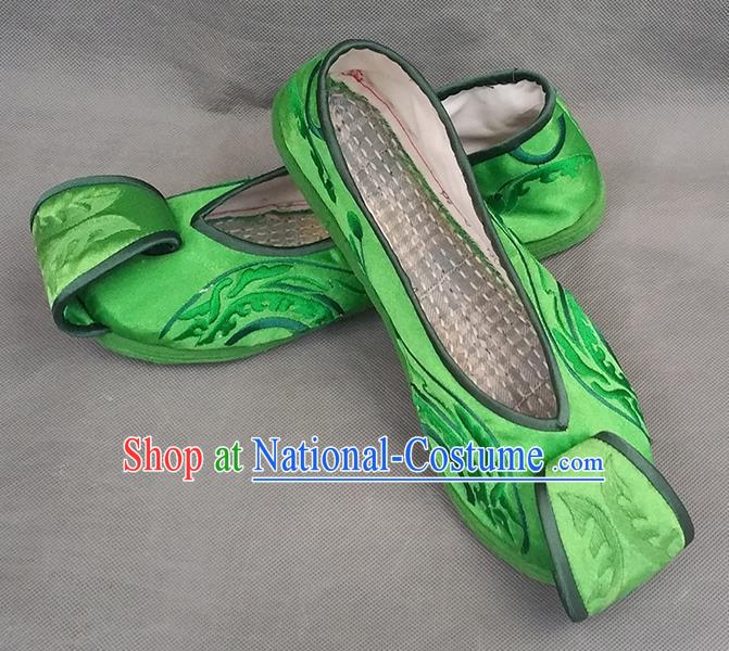 Handmade China Yunnan Wedding Embroidered Shoes Bride Shoes Ethnic Dance Shoes National Woman Green Satin Shoes