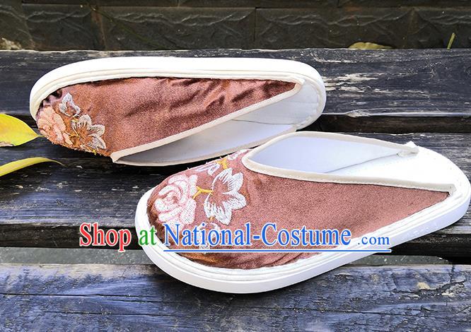 Chinese Handmade Embroidery Shoes Woman Strong Cloth Slippers National Brown Satin Shoes